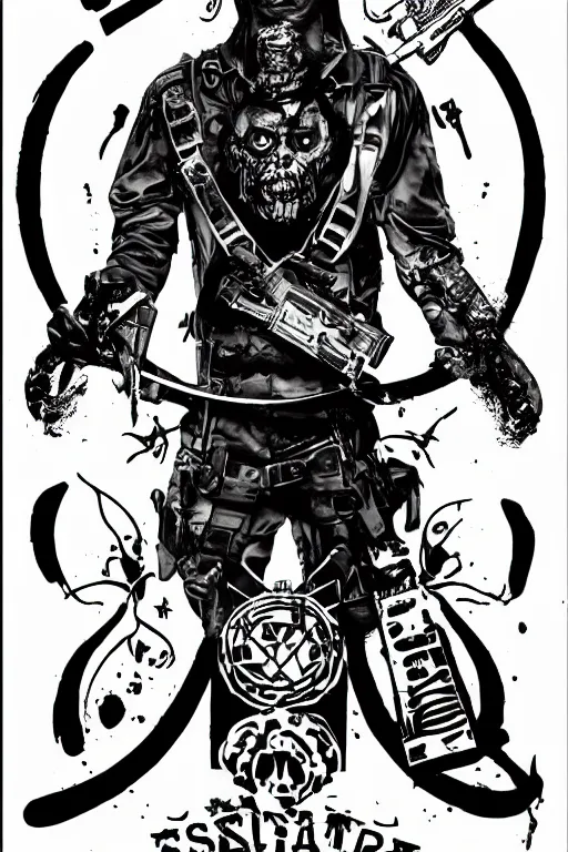 Image similar to a paranormal soldier, ouija tattoo on face, emp weapons strapped in shoulders, horror sci - fi black and white poster