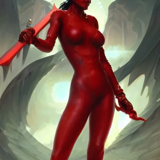 Prompt: a female demon wearing a skintight red mechanics jumpsuit holding a sword, intricate, elegant, highly detailed, digital painting, artstation, concept art, smooth, sharp focus, illustration, art by artgerm and greg rutkowski and alphonse mucha, 8 k