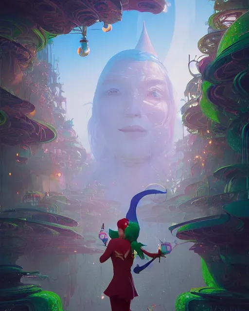 Image similar to highly detailed surreal vfx portrait of a happy elves in a futuristic world, stephen bliss, unreal engine, greg rutkowski, loish, rhads, beeple, makoto shinkai and lois van baarle, ilya kuvshinov, rossdraws, tom bagshaw, alphonse mucha, global illumination, detailed and intricate environment