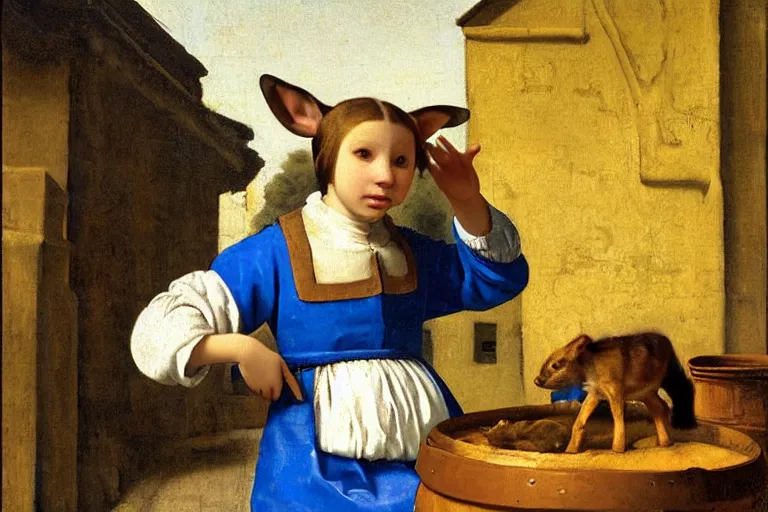 Image similar to girl with brown hair, short horns, long animal ears, a yellow t - shirt and blue overalls, wearing a barrel in a medieval marketplace, baroque, art by johannes vermeer