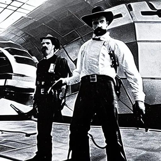 Image similar to picture of wyatt earp and doc holliday standing on the deck of a futuristic spacecraft, high detail, ultra realistic, high fidelity