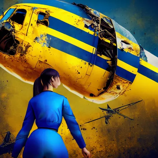 Image similar to ukrainian girl with blue and yellow clothes near big ruined plane, concept art, trending on artstation, highly detailed, intricate, sharp focus, digital art, 8 k