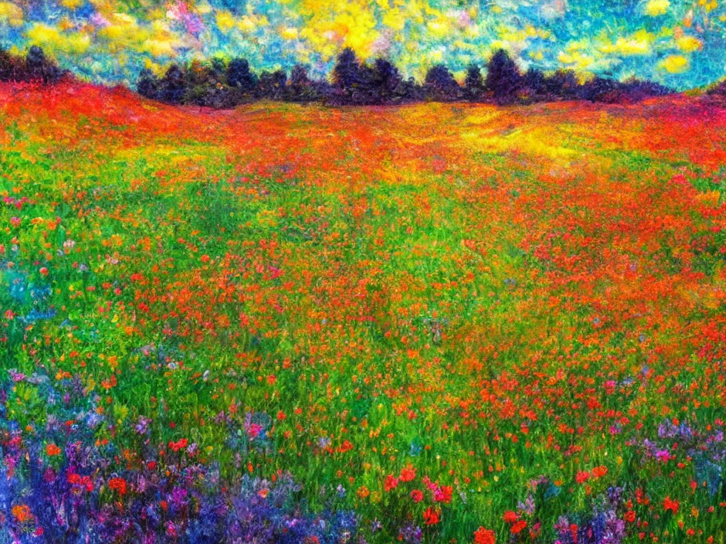 Image similar to an impressionist painting of a gorgeous meadow filled with colorful mushrooms with a stream flowing through it, psychedelic colors, colorful sky in background, high detail, trending on artstation