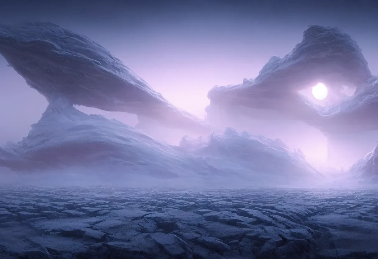 Image similar to surface of frozen winter alien planet at sunset, ultra high definition, ultra detailed, symmetry, fog, matte painting, by greg rutkowski and ross tran and wlop