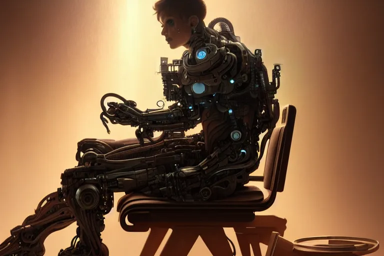 Image similar to ultra realistic, beautiful male cyborg plugged into the internet, sitting in chair, sci - fi, intricate details, eerie, highly detailed, octane render, 8 k, art by artgerm and alphonse mucha and greg rutkowski
