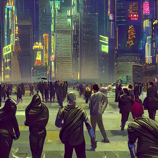Image similar to award-winning cinematic still of a crowd of human clones, highly-detailed, establishing shot, cyberpunk style