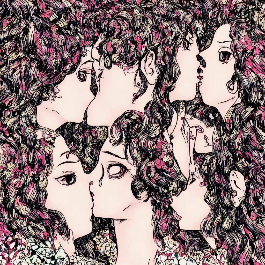 Image similar to close - up of two women made of patterns kissing each other, manga art by araki, jojo's bizarre adventure key visual