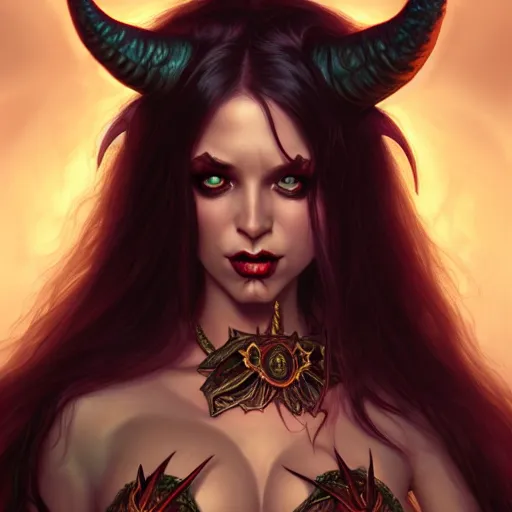 Image similar to demoness, female, d & d, fantasy, intricate, elegant, highly detailed, digital painting, artstation, octane render, concept art, matte, sharp focus, illustration, hearthstone, art by artgerm and steve argyle and alphonse mucha and johannes voss