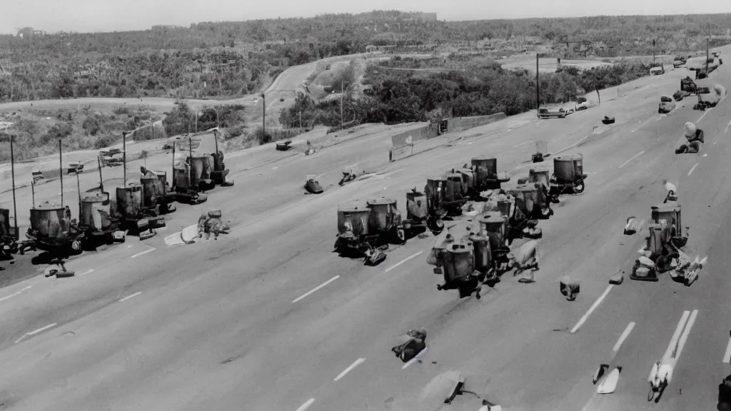 Image similar to a historic photo of a drone shot of a man holding grocery bags on both hands, standing in front of five tanks lined up approaching him on the highway