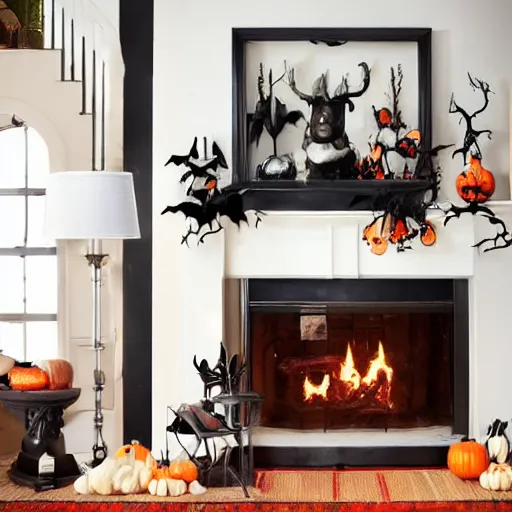 Prompt: a realistic photo of a fireplace mantle decorated for halloween, with black bats on the wall, and pumpkins on the floor, photorealism, dramatic lighting