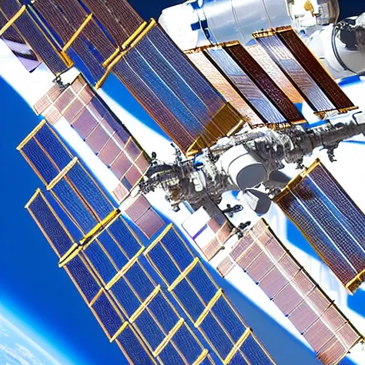 Image similar to a detailed sketch of the international space station, with the sun reflecting off of it's windows, various refining methods, micro macro autofocus, ultra definition, cinematic