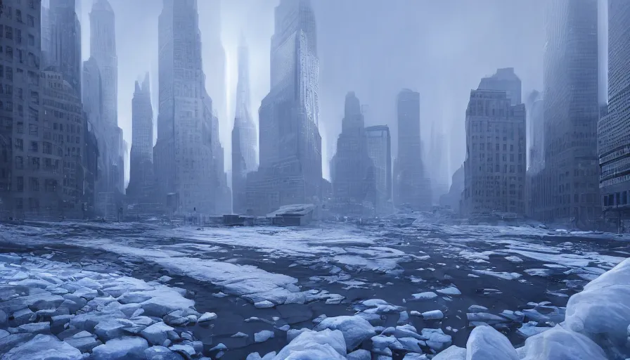 Image similar to New-York under ice and snow, wide view, volumetric light, hyperdetailed, artstation, cgsociety, 8k