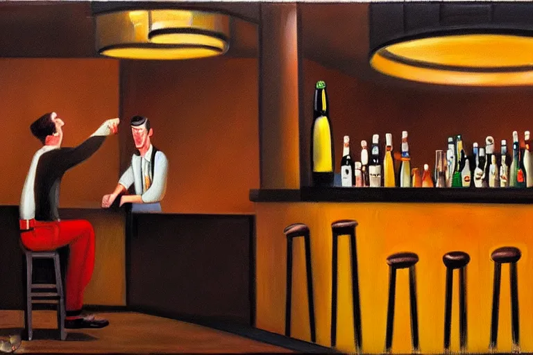 Image similar to a drunken bottle of beer stands a bar yelling at the bar tender, art by dean macadam