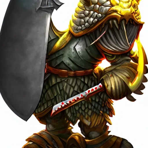 Prompt: dragon warrior in heavy armor holding bastard sword