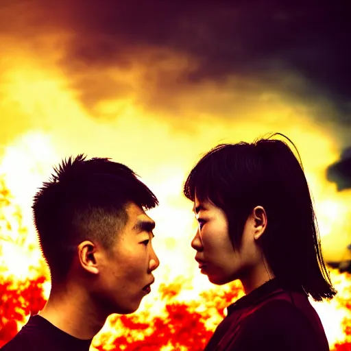 Image similar to photographic portrait, last battle on earth between a young asian woman and young man, sky in flames, apocalyptic, cinematic lighting, dark lighting, award winning, 8 k