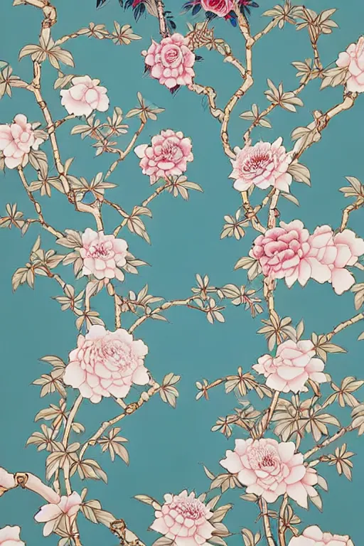 Prompt: Chinoiserie floral wallpaper by James Jean