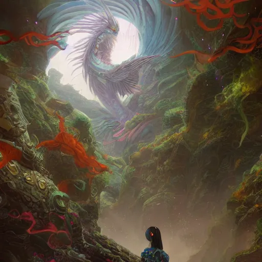 Prompt: breathtaking detailed concept art painting of quetzalcoatl god, underworld in the background, by Hsiao-Ron Cheng, James jean, Miho Hirano, Hayao Miyazaki, extremely moody lighting, 8K