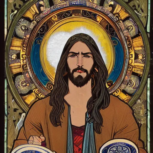 Prompt: an extremely detailed illuminated manuscript of a ridiculously good looking hipster jesus that looks like drinking espresso from a tiny teacup, ultrawide lens, wearing a jean jacket with a nirvana jacket and a beenie, carrying a skateboard shaped like a crucifix, waxed beard, very detailed, beautiful, intricate, alphonse mucha, greg rutkowski, octane render