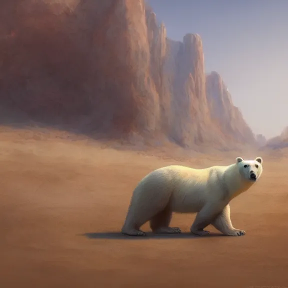 Image similar to polar bear in the desert, painting by Craig Mullins, octane rendering, soft morning lighting, wide angle lens, in the style of Hayao Miyazaki, trending on artstation,