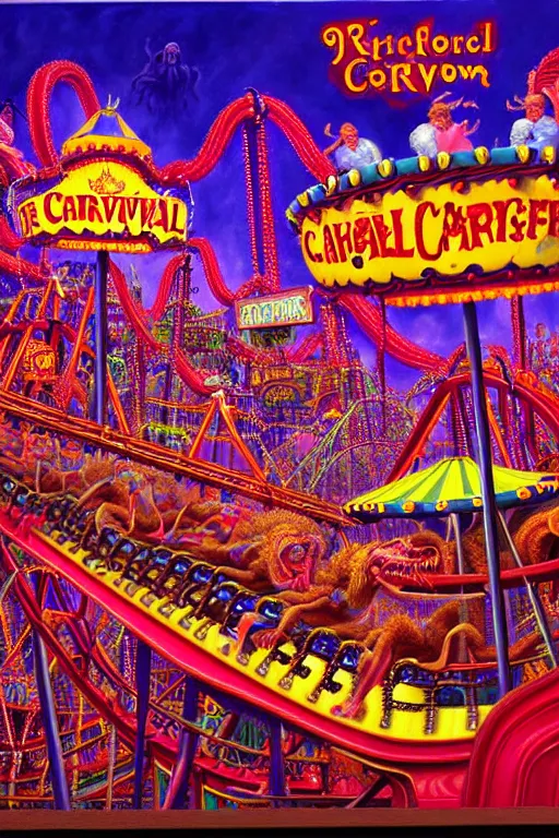 Prompt: a hyperrealistic detailed painting of an ornate evil carnival in town with rides, glowing lights, colorful, chimeric horror creatures riding a rollercoaster. cinematic lighting, depth perspective, depth of field, by chris cunningham and richard corben, highly detailed, vivid color,