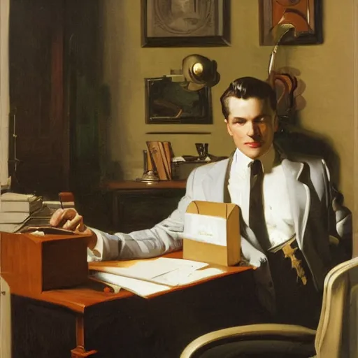 Prompt: man in desk with coffee and black suit by leyendecker and dean cornwell, 5 feet distance from the camera, n - 6