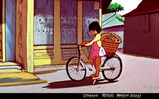 Prompt: a young girl riding a bike with a basket in a small town, 1970s philippines, art by hayao miyazaki, studio ghibli film, hi res, 4k, detailed face