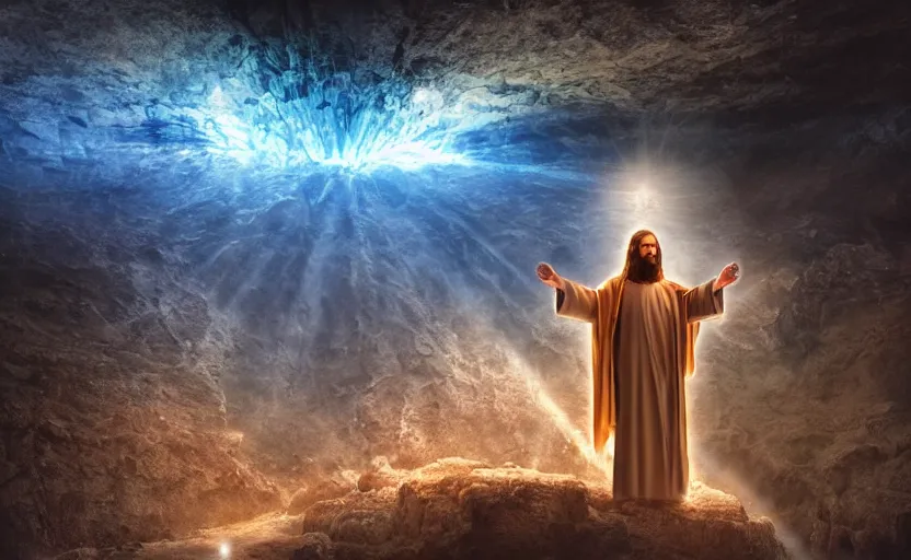 Image similar to jesus was in the earth for three days and three nights went and preached to the captive spirits that were bound in this spiritual prison inside the earth planet, close up bokeh hiperrealistic, high detailled, neon glow darkness dramatic, sharp focus, octane render, imax