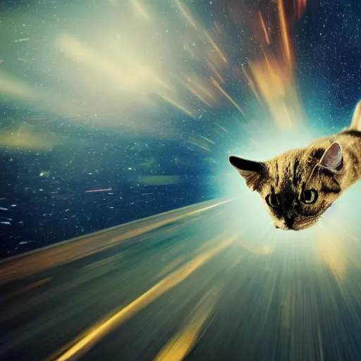 Prompt: photo of hyperspeed flying through outer space cat running fast with motion blur