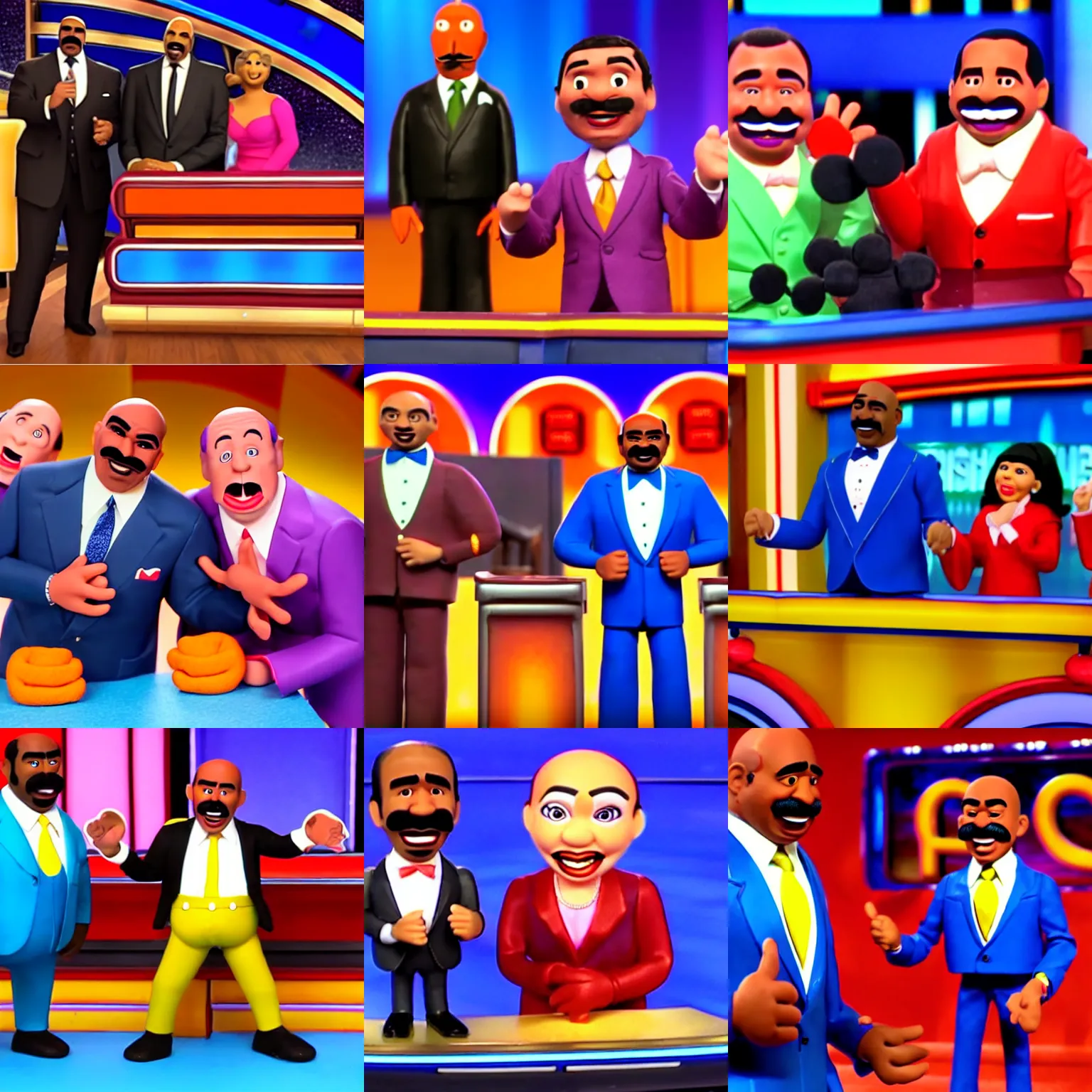 Prompt: a stop motion animation still of family feud starring steve harvey, claymation, fabric, toy sized, toon