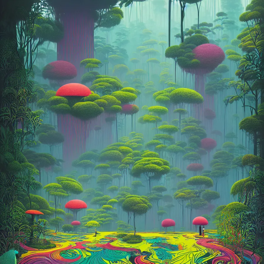 Image similar to surreal glimpse, malaysia jungle, summer morning, very coherent and colorful high contrast art by gediminas pranckevicius james gilleard james gurney floralpunk screen printing woodblock, dark shadows, pastel color, hard lighting, stippling dots, art nouveau