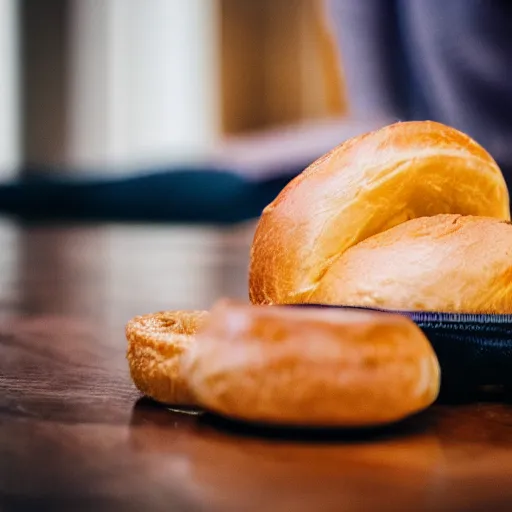 Image similar to closeup photo of cute pariah - dog eating bagles from mesh bag, shallow depth of field, cinematic, 8 0 mm, f 1. 8