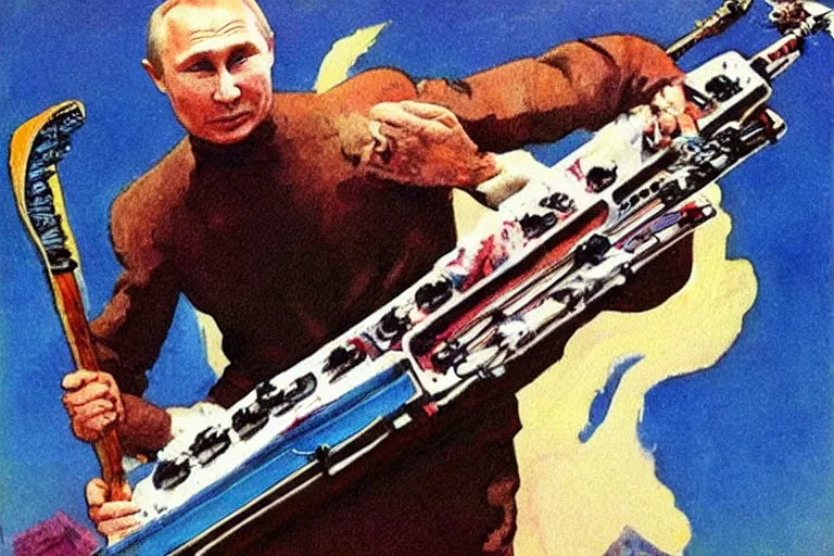 Prompt: Vladimur Putin Shredding on a Keytar in the style of Frank Frazetta