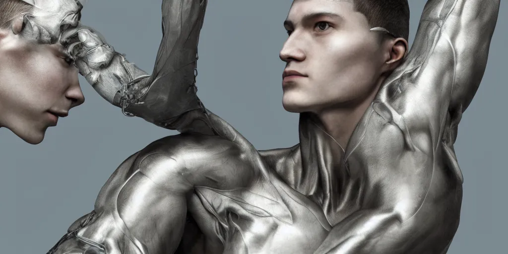 Image similar to hyper realistic photography of a stunningly beautiful cyborg male, elbow, thy, intimate, holding close, reflective chrome in the style of beth cavener, jin kagetsu,, and wlop, highly detailed, intricate filigree,, masterpiece, award winning, sharp focus, concept art, ringflash lighting, ambient lighting, octane render, 8 k, artstation