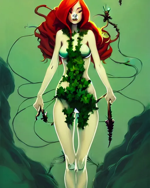 Image similar to peter mohrbacher, phil noto comicbook cover art, artgerm, emma stone poison ivy, vines, symmetrical eyes, full body, green outfit, city rooftop