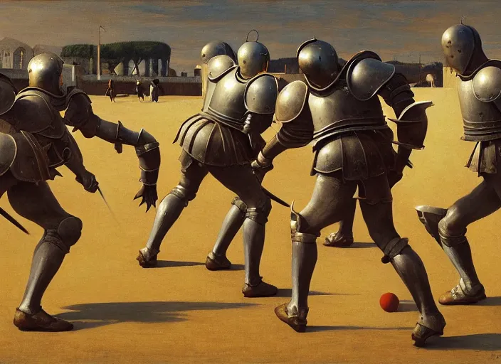 Image similar to knights in armor playing soccer, rome, highly detailed, soft lighting, elegant, works by edward hopper and james gillard, zdislaw beksinski, stephen outram, andreas m wiese, highly detailed