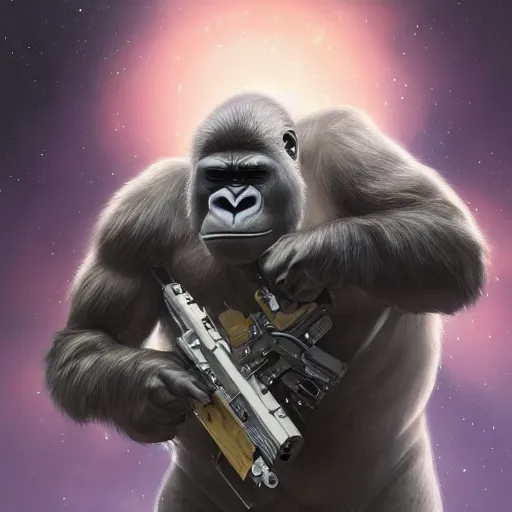 Image similar to detailed science - fiction character portrait of a silverback gorilla shooting a alien gun in space, intricate, wild, highly detailed, digital painting, artstation, concept art, smooth, sharp focus, illustration, art by artgerm and greg rutkowski and alphonse mucha