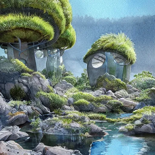 Image similar to beautiful happy picturesque charming sci - fi organic pod - like homes of the future in a beautiful natural scene. water, trees and rocks. beautiful light. soft colour scheme. beautiful artistic detailed watercolor by lurid. ( 2 0 2 2 )