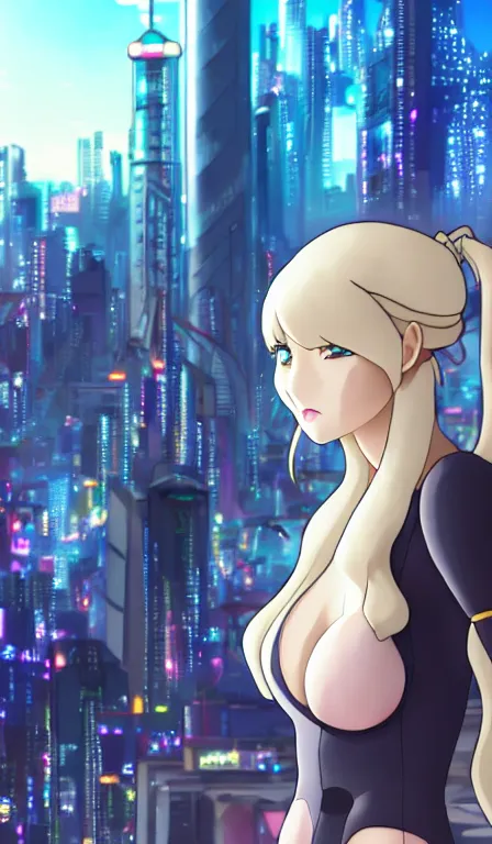 Image similar to anime fine details portrait of Lady Ann in front of cyberpunk moder city landscape on the background deep bokeh, close-up view, anime masterpiece by Studio Ghibli. 8k, sharp high quality anime, artstation