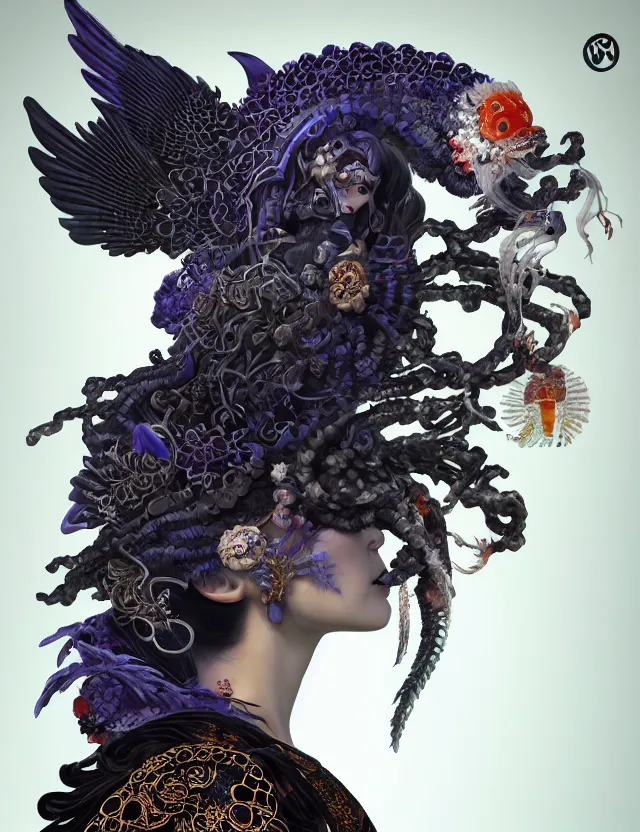 Image similar to 3 d goddess of death close - up profile portrait with ram skull. beautiful intricately detailed japanese crow kitsune mask and clasical japanese kimono. betta fish, jellyfish phoenix, bio luminescent, plasma, ice, water, wind, creature, artwork by tooth wu and wlop and beeple and greg rutkowski