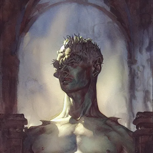 Image similar to Roguish Picaro Dsurion stands at the gates of Hades Hand Crafted By Rodin. Painting by greg rutkowski Donato Giancola Jeff Simpson norman rockwell stamp watercolor