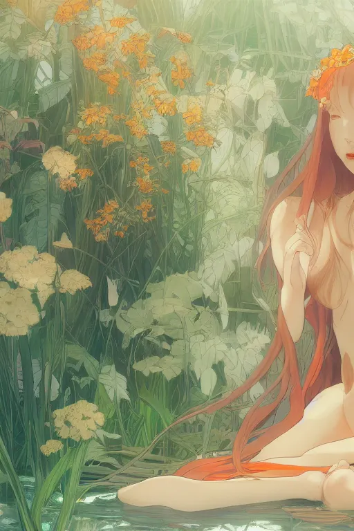 Image similar to a girl with long white hair lying in a bathroom bath at afternoon, plants, green and orange theme by krenz cushart and mucha and makoto shinkai and akihito yoshida and greg rutkowski, 4 k resolution