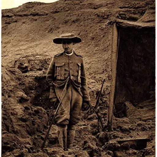 Prompt: ultra detailed photorealistic sepia - toned photograph from 1 9 1 7, a british officer in field gear standing at an archaeological dig site at petra, ultra realistic, painted, intricate details, lovecraft, atmospheric, dark, horror, brooding, highly detailed, by angus mcbride