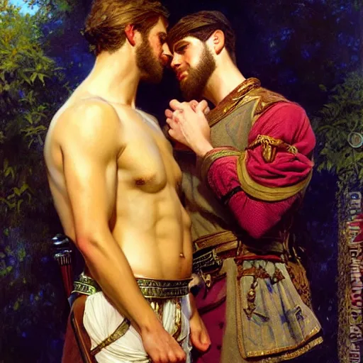 Image similar to attractive fully clothed king confesses his love for his attractive fully clothed male prince. highly detailed painting by gaston bussiere, mark brooks, j. c. leyendecker, craig mullins