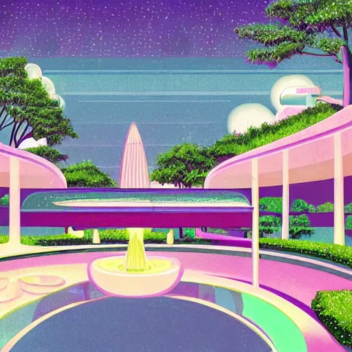 Image similar to art deco vaporwave illustration of a park with trees, benches, and a water feature, in a futuristic pastel city