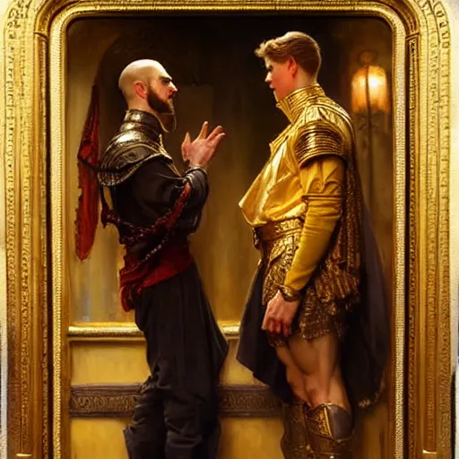 Image similar to attractive fully clothed king confesses his love for his attractive fully clothed male prince. highly detailed painting by gaston bussiere, mark brooks, j. c. leyendecker