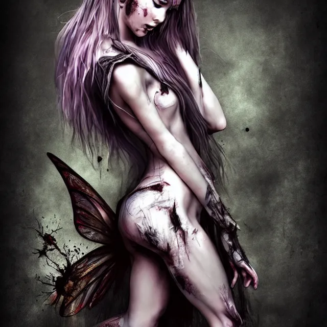 Image similar to full body pose, beautiful adult injured fairy, dirty, grungy, grunge, highly detailed, 4 k, hdr, smooth, sharp focus, high resolution, award - winning photo, artgerm, photorealistic