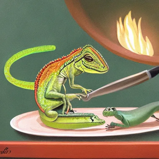 Prompt: lizard cooking dinner, classic painting