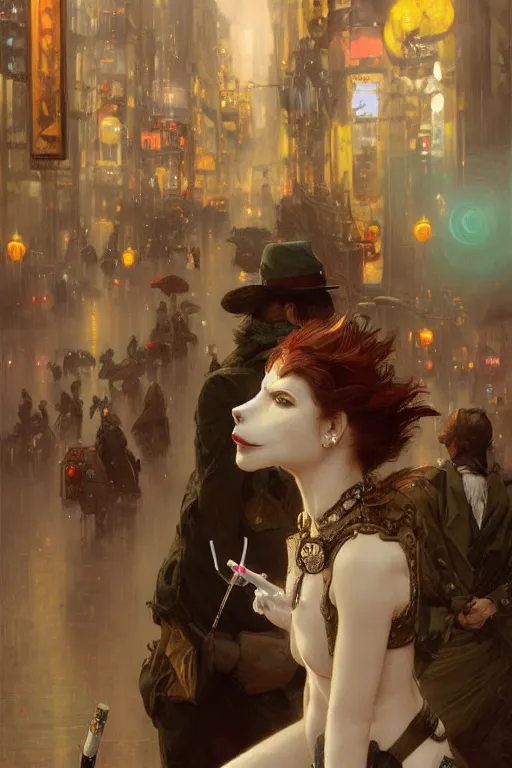 Image similar to beautiful portrait of an attractive white female anthro wolf smoking a cigarette in a bustling crowd of a rainy city street, steampunk, female fursona, 4 k, trending on artstation, by gaston bussiere, craig mullins, artgerm, greg rutkowski, alphonse mucha