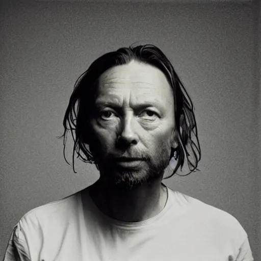 Prompt: Thom Yorke, with a beard and a black shirt, a computer rendering by Martin Schoeller, cgsociety, de stijl, uhd image, tintype photograph, studio portrait, 1990s, calotype