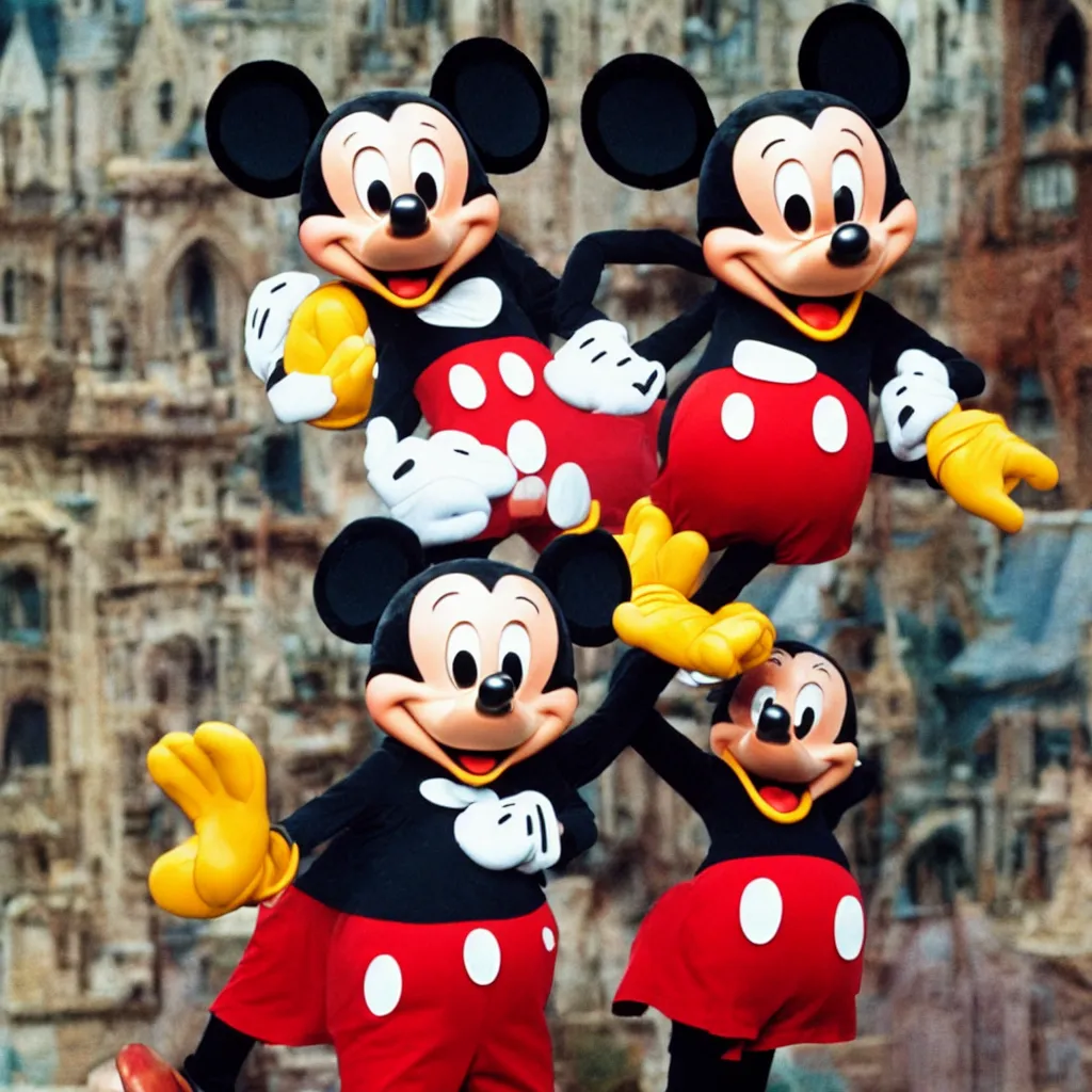 Prompt: a photograph of mickey mouse with an extra ear mutated on his back